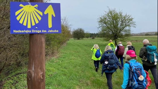 Pielgrzymi idący trawiastą scieżką przez Drogę Św. Jakuba